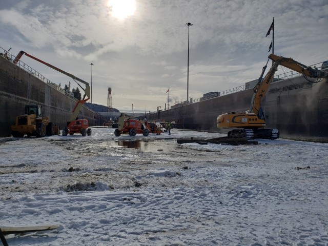 The U.S. Corps of Engineers, St. Paul District, dewatered Lock and Dam, 4 near Alma, Wisconsin to perform an inspection, maintenance and repairs.