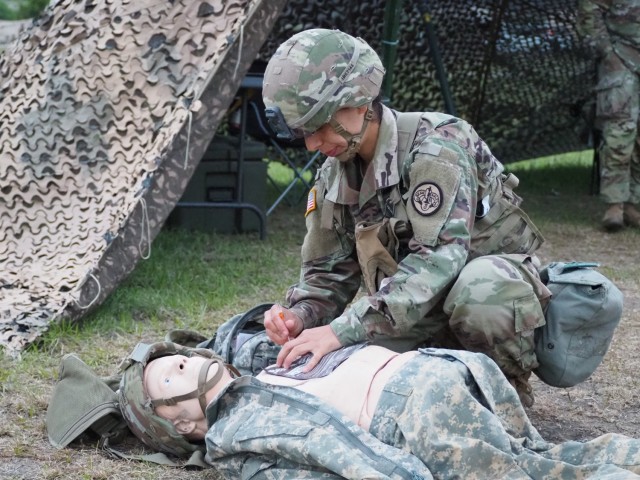 1st Lt. Maria Eggers from 1st Squadron is the first female from the 3rd Cavalry Regiment to test for the Expert Infantry Badge and is training on the medical lane. The event will take place April 12-16 at Fort Hood, Texas. (U.S. Army photo by Pfc. Johnathan Touhey)