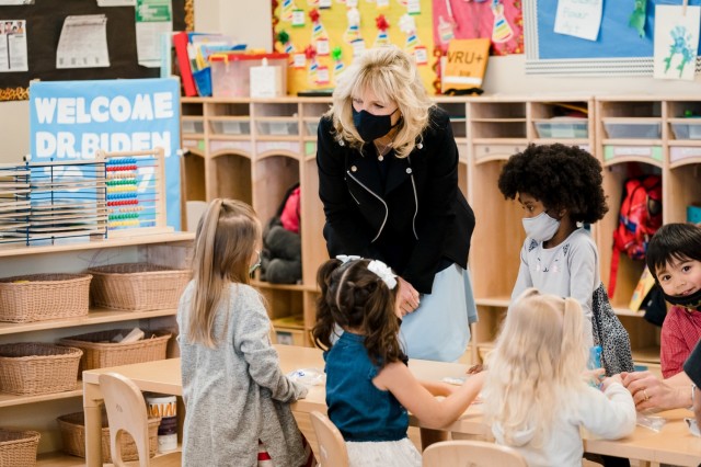 First Lady Jill Biden participates in a tour and greets children Wednesday, March 10, 2021, at the Child Development Center at Marine Corps Air Ground Combat Center in Twentynine Palms, California.