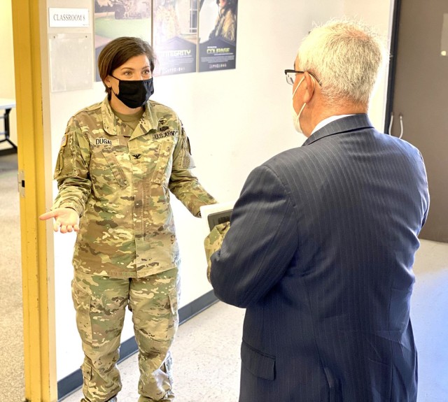 Col. Jody Dugai, Bayne-Jones Army Community Hospital commander, (left) shares her enthusiasm for the training offered at the BJACH Medical Range with J.M. (Jay) Harmon, deputy to the U.S. Army Medical Center of Excellence commanding general....
