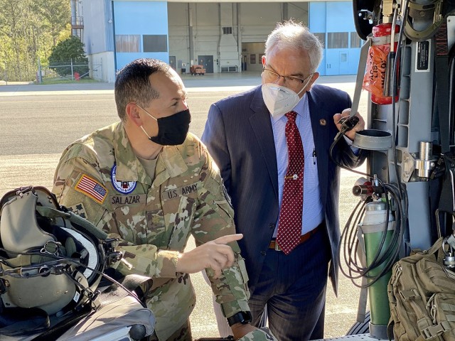 Maj. Ralph Salazar, U.S. Air Ambulance Company, “Cajun Dustoff,” 1st Battalion, 5th Aviation Regiment commander, discusses equipment upgrades on the UH-60 Blackhawk helicopter and the operational tempo supporting the Joint Readiness Training...