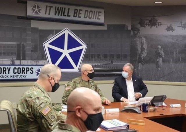 Maj. Gen. Robert Burke, V Corps’ Deputy Commanding General for Support, provides an update to the U.S. Rep. Doug Lamborn on the Corps’ command priorities and its progress in building toward full operational capability during a visit to Fort...