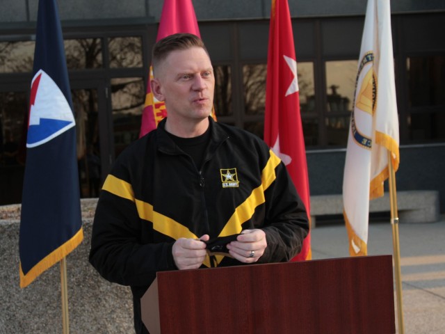 Maj. Gen. Darren Werner, Commanding General U.S. Army Tank-automotive and Armaments Command, provides opening remarks to kick of the Sexual Assault Awareness and Prevention Month Run/Walk event.  The run attracted approximately 30 runners and...