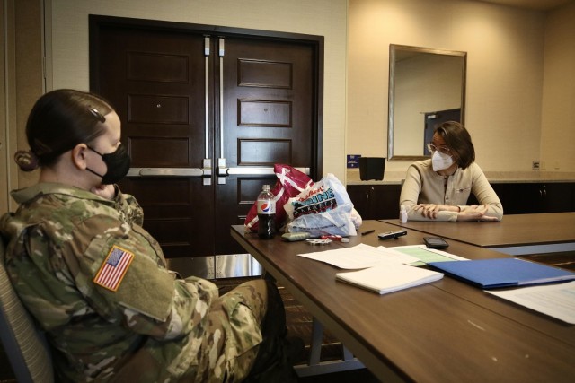 Army Reserve Capt. Melissa Powers, officer in charge, 90th Military History Detachment, conducts an historical interview while at Navajo Nation in Gallup, N.M., Feb. 18, 2021. Interviews such as this allow Powers and the 90th MHD team to provide a complete historical picture to the U.S. Army's COVID-19 response. Since being mobilize in April 2020, the 90th MHD has conducted more than 100 historical record interviews. (U.S. Army photo by Sgt. Sami Abdelaziz)