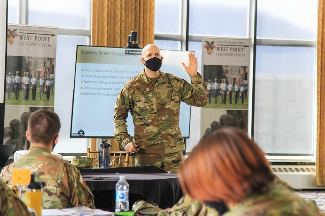 Sixty cadets congregated at the West Point Club Ballroom to attend the second day of the West Point Negotiation Conference at the U.S. Military Academy April 2. During the conference’s second day, Maj. Travis Cyphers (above), director of the...