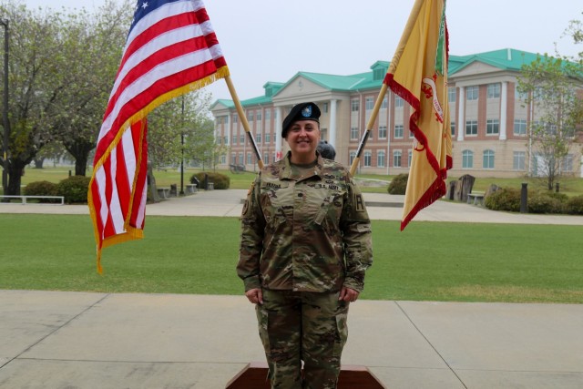 Lt. Col. Erin Frazier, commander of the 5-306th Brigade Support Battalion, 188th Infantry Brigade, First Army Division East, and native of Norfolk, Va., at her change of command ceremony, March 2020, on Fort Stewart.