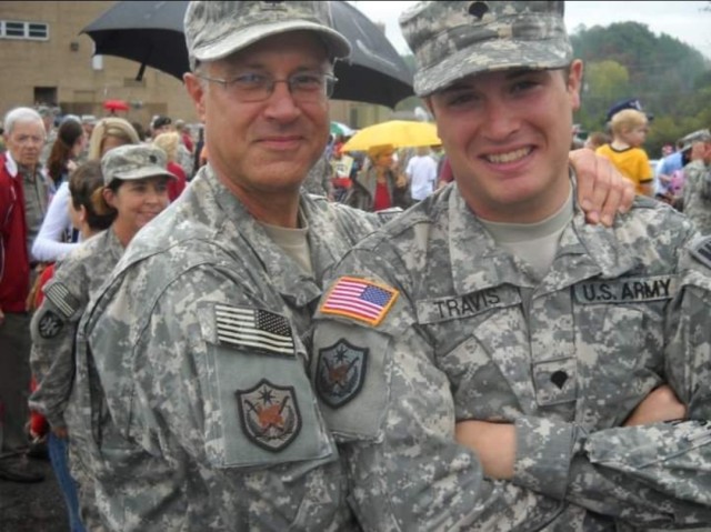 Father and son share the Army Unit Patch Multi-national Forces-Iraq after their deployments to Iraq. Staff Sgt. John ‘Jordan’ Travis, domestic operations management support, emergency operations center, NCOIC, deployed in 2009. His father, retired Col. William ‘Terry’ Travis, deployed in 2006. (Courtesy photo from family.)