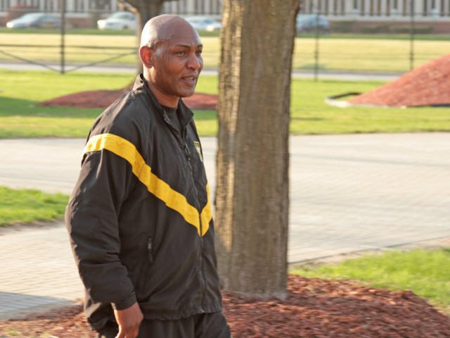 Command Sgt. Maj. Jerry Charles, U.S. Army Tank-automotive and Armaments Command Sgt. Maj., finishes a two-mile run during the TACOM Sexual Assault Awareness and Prevention Month Run/Walk event Apr. 8 on the Detroit Arsenal, Mich.  Charles support...