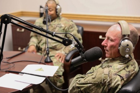 Command Sgt. Maj. Cliff Burgoyne, half of the III Corps and Fort Hood command team, discusses Operation People First during the taping session of the April 8 episode of Fort Hood's Great Big Podcast co-hosted by Sgt. 1st Class Kelvin Ringold, 13th Expeditionary Sustainment Command, in the podcast studio at Fort Hood, Texas.