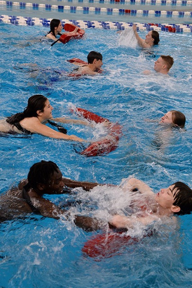 Lifeguard training students — from front to back, 16-year-old Isaac Ativie and 15-year-old Karter Watson, 15-year-old Ashley Morgan and 15-year-old Kate Brooks, 15-year-old Jonathan Purvis and 19-year-old Peter Teachout, and 17-year-old Presley...