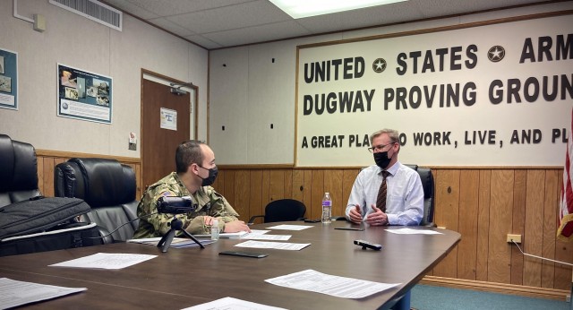 Army Reserve Sgt. Sami Abdelaziz, military historian, 90th Military History Detachment, 88th Readiness Division, conducts an interview at Dugway Proving Ground, Utah, as part of the unit's support to the COVID-19 response mission, Feb. 3, 2021. Abdelaziz and his fellow military historians have been deployed in support of the U.S. Army's COVID-19 response since April 2020 and have been collecting interviews, documents and other archival data to be processed and studied at the U.S. Army Center of Military History. (U.S. Army photo by Capt. Melissa Powers)