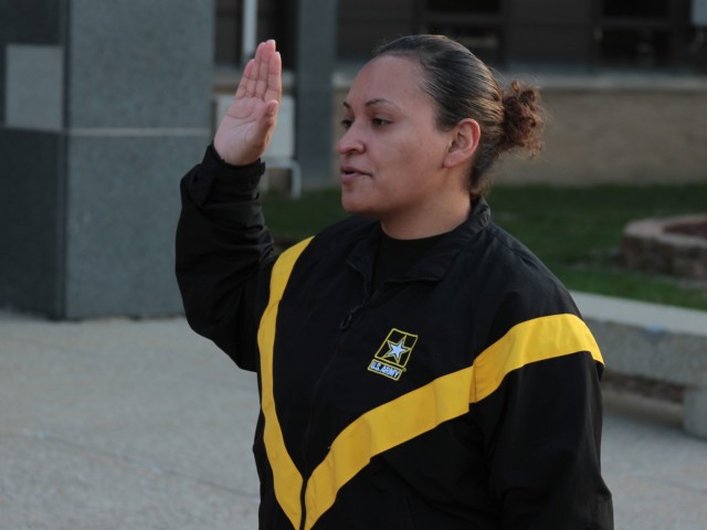 Sgt. 1st Class Fransheska Wiggins, U.S. Army Tank-automotive and Armaments Command’s Sexual Harassment/Assault Response Program Victim Advocate, re-enlists prior to the TACOM Sexual Assault Awareness and Prevention Month Run/Walk on Apr. 8 at...