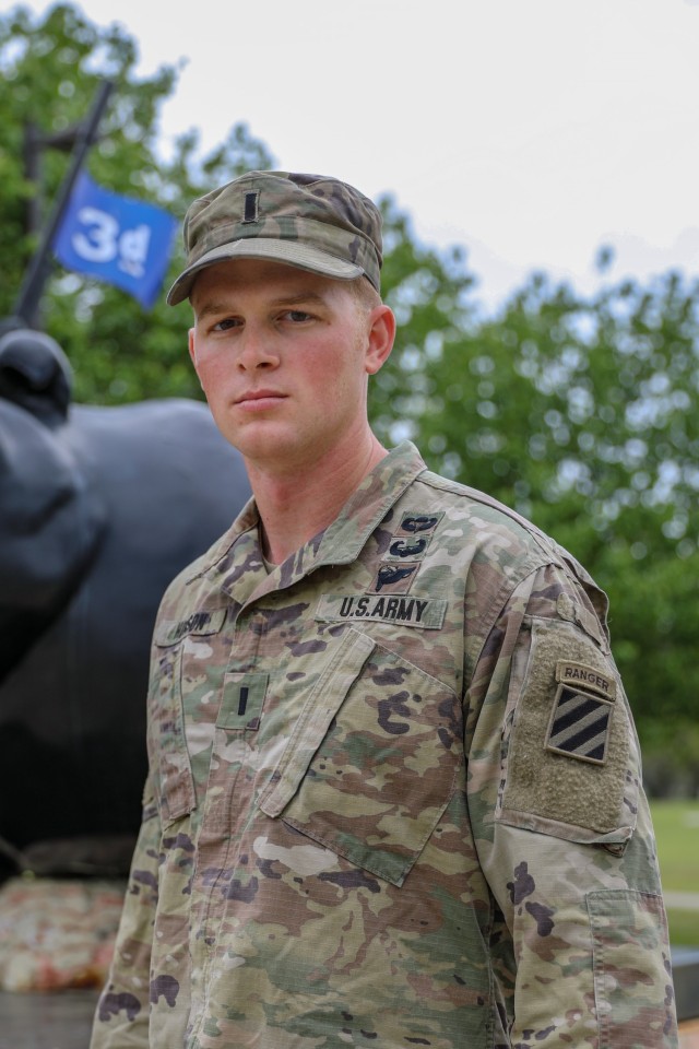 U.S. Army 1st Lt. Zachary Hobson, a mortar platoon leader assigned to 1st Armored Brigade Combat Team, 3rd Infantry Division, poses by 3rd ID’s Rocky statue, March 31, 2021, on Fort Stewart, Georgia. Hobson and his training partner departed from Camp Casey, South Korea, earlier this year to participate in the upcoming Best Ranger Competition slated to take place at Fort Benning, Georgia, April 16 through 18. (U.S. Army photo by Pfc. Summer Keiser)