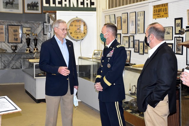 Lt. Gen. Daniel Karbler, U.S. Army Space and Missile Defense Command commanding general, center, discusses Fayetteville’s history with Dr. Farris Beasley, Lincoln County Museum Association vice president, left, and Bill Newman, Lincoln County...