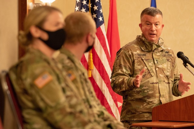 Maj. Gen. Darrell Guthrie, commanding general of the 88th Readiness Division headquartered at Fort Snelling, Minnesota, and Fort McCoy, Wisconsin, gives remarks at the presentation ceremony of the Soldier’s Medal to Spc. Justice McBain, April 11, 2021, at Milwaukee, Wisconsin. (U.S. Army Reserve photo by Maj. Jeku Arce)