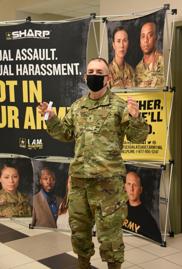 Brig. Gen. Michael Lalor, commander of U.S. Army Medical Logistics Command, speaks during a kickoff event April 2 to mark AMLC’s month-long observance of Sexual Assault Awareness and Prevention Month at Fort Detrick, Maryland.