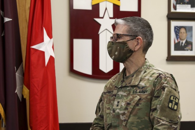 U.S. Army Maj. Gen. Joe Heck, 807th Medical Command (Deployment Support) Commanding General, listens to Brig. Gen. Stephen Iacovelli, 94th Training Division Commanding General, April 8, 2021 at Fort Douglas, Utah. (U.S. Army Reserve photo by Spc. Ronald D. Bell)