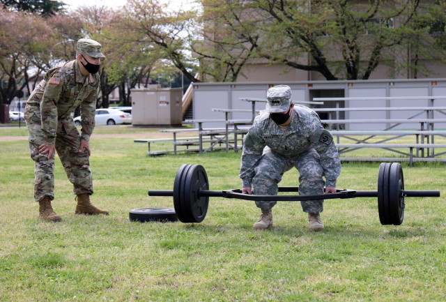 Cadet Capt. Josh Petty completes the three-repetition maximum deadlift portion of the Army Combat Fitness Test during the Zama Middle High School Junior Reserve Officers’ Training Corps Cadet Leadership Challenge at Camp Zama, Japan, April 6.