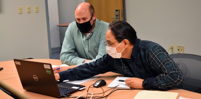 Far East District (FED) employees, (L) Chad McLeod, Construction Division chief and Michael Miyagi, Construction Branch chief, conducted a one-on-one Q&A session, after hosting the first Virtual Industry Day at the Far East District headquarters,...