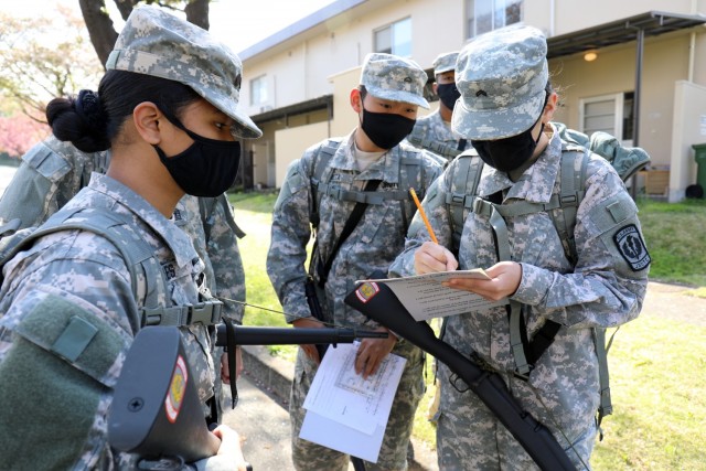 Cadets work on the orienteering portion of the Zama Middle High School Junior Reserve Officers’ Training Corps Cadet Leadership Challenge at Camp Zama, Japan, April 7.