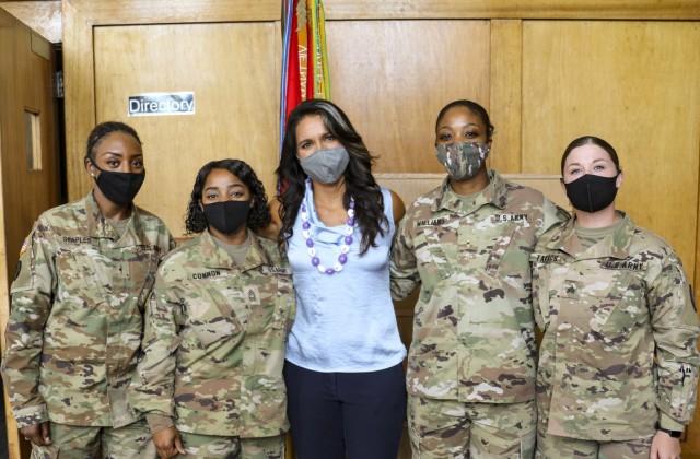 Hawaii Congresswoman and Hawaii Army National Guard Major Tulsi Gabbard speaks to U.S. Army Soldiers on April 8, 2021 during 2nd Infantry Brigade Combat Team, 25th Infantry Division’s women’s mentorship program at Schofield Barracks, Hawaii. Warrior Sisters-in-Arms, a People First initiative, is a monthly conference that seeks to provide female Soldiers an environment to share stories and challenges unique to women serving in the Army. (U.S. Army photo by MAJ James Sheehan)