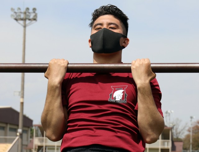 Cadet Pfc. Tyson Armstrong completes the flexed arm hang while completing the Army Combat Fitness Test during the Zama Middle High School Junior Reserve Officers’ Training Corps Cadet Leadership Challenge at Camp Zama, Japan, April 8.