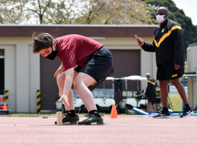 Cadet Pvt. Aili Trautman completes the shuttle run while completing the Army Combat Fitness Test during the Zama Middle High School Junior Reserve Officers’ Training Corps Cadet Leadership Challenge at Camp Zama, Japan, April 8.
