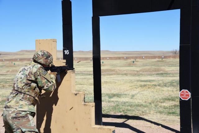 1st Lt. Elliot Austin, deputy team leader, 3rd Space Co., 2nd Space Battalion, fires his M4 carbine downrange during the Army’s new weapons qualification table, at Fort Carson, Colorado, April 10, 2021. (U.S. Army photo by Sgt. 1st Class Aaron...
