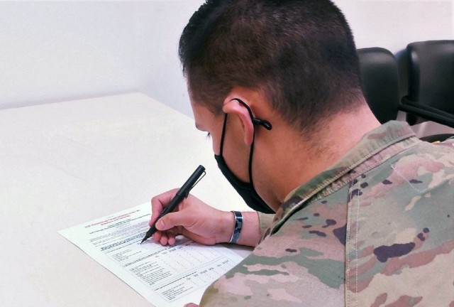 A Soldier fills out the Army Family Housing Tenant Satisfaction Survey Dec. 10, 2020. Results from the survey showed that overall customer satisfaction is improving, senior Army housing officials said, as the service continues to improve on-base living conditions.