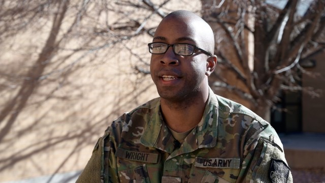 Spc. Byron Wright, a satellite communications operator and maintainer, (25 Sierra military occupational specialty) with the Army Reserves’ 2nd Space Battalion, talks about his military career at Fort Carson, Colorado. (U.S. Army photo by Staff...