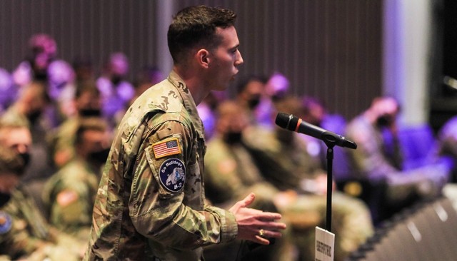 A cadet asks a question of the panel during the Mission Command Conference event at Eisenhower Hall on April 8.