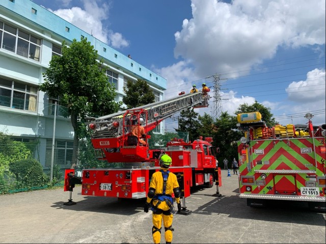 U.S. Army Garrison Japan Fire Department fire personnel participate in the Zama City annual disaster drill in Zama, Japan, Sept. 5, 2020.