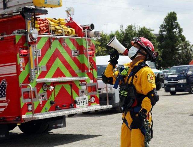 U.S. Army Garrison Japan Fire Department fire personnel participate in the Zama City annual disaster drill in Zama, Japan, Sept. 5, 2020.