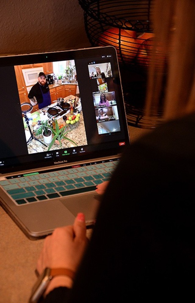 Fort Leavenworth Spouses’ Club cooking class participants, including Liz Stone, FLSC special events chairperson, check in with Chef Jason Wiggin, owner of The Suburban in Leavenworth, via Zoom as the FLSC cooking class begins April 6. Cooking...