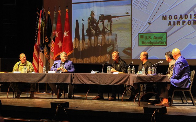 Retired Cols. Larry Perino and Lee Van Arsdale (left), retired Chief Warrant Officer Stan Wood (center), retired Maj. Jeff Struecker and retired Master Sgt. Matt Eversmann (right) took the stage and conveyed their perspectives during the Somali Civil War and provided insights on the harsh realities and how to maintain mental health during dire situations to a full audience of cadets during the Mission Command Conference event at Eisenhower Hall April 8.