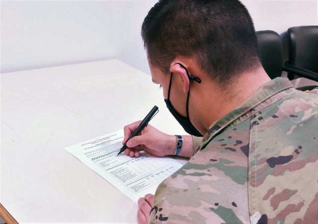 A Soldier fills out the Army Family Housing Tenant Satisfaction Survey Dec. 10, 2020. Results from the survey showed that overall customer satisfaction is improving, senior Army housing officials said, as the service continues to improve on-base living conditions.
