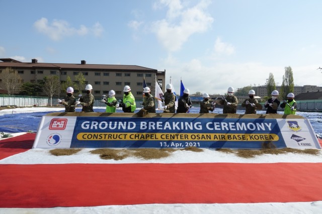 The U.S. Army Corps of Engineers (USACE) Far East District (FED) participated in a ground-breaking ceremony at Osan Air Base, Pyeongtaek, Republic of Korea, Apr. 13. Distinguished guests, from left to right: Maj. Shin Soh (51st Wing Chaplain), Col. David Bowlus (Chaplain, Combined Forces Command/ U.S. Forces Korea), Col. Pyo In Tae (Republic of Korea Design and Construction Agent, Ministry of National Defense U.S. Forces Korea Relocation Office), Col. Garrett Cottrell (U.S. Design and Construction Agent-Transformation, FED), Col. Christopher Crary (commander, FED), Command Master Sgt. Justin Apticar (Command Chief, 51st MSG), Col. John Gonzales (commander, 51st Wing), Col. Jonelle Eychner (commander, 51st Mission Support Group), Col. Michael Staples (Engineer, 7th Air Force), Lt. Col. Ryan Walinski (commander, 51st Civil Engineer Squadron), Mr. Kuk Han Kim (CEO, IlKwang Construction), and Dr. Jum Sik Chae (Chief Project Manager, MURO), broke ground, signifying the beginning of the new construction. (U.S. Army photo by Kyongil Yo)