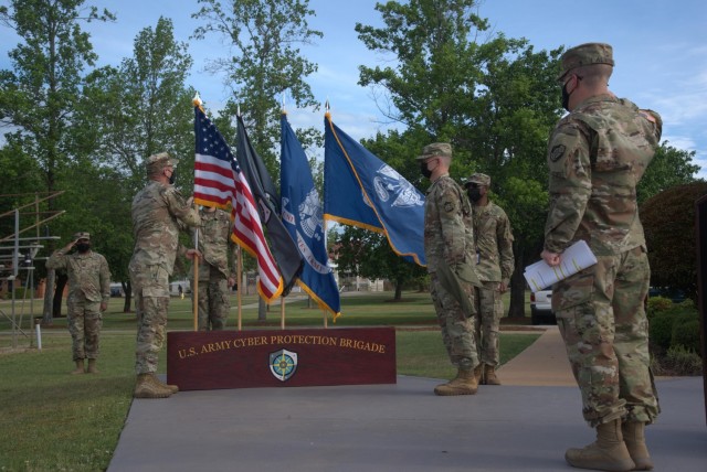 Soldiers of the Raptor Detachment, Army Cyber Protection Brigade participate an activation ceremony for the detachment at Fort Gordon, Ga., April 15, 2021. (Photo by Jeremy Garcia)