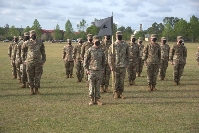 Soldiers of the Raptor Detachment, Army Cyber Protection Brigade stand in formation during an activation ceremony for the detachment at Fort Gordon, Ga., April 15, 2021. (Photo by Jeremy Garcia)