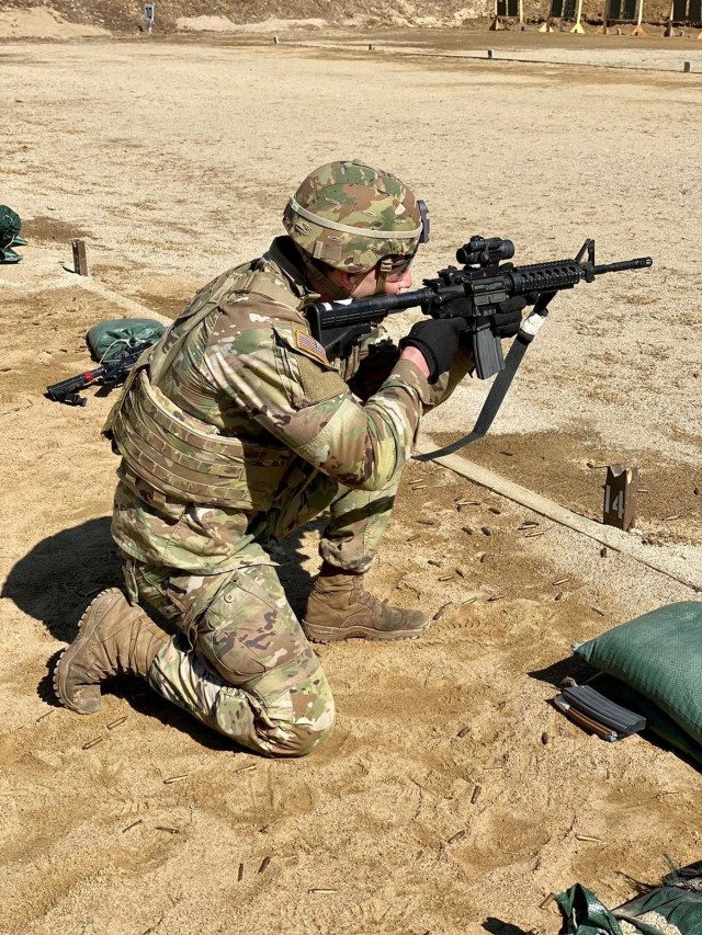 First Lt. Austin Rutledge practices his marksmanship skills with the M4 carbine from the kneeling position on Feb. 24, 2021, while deployed to South Korea. Rutledge, an infantry officer assigned to 2nd Battalion, 7th Infantry Regiment, traveled...