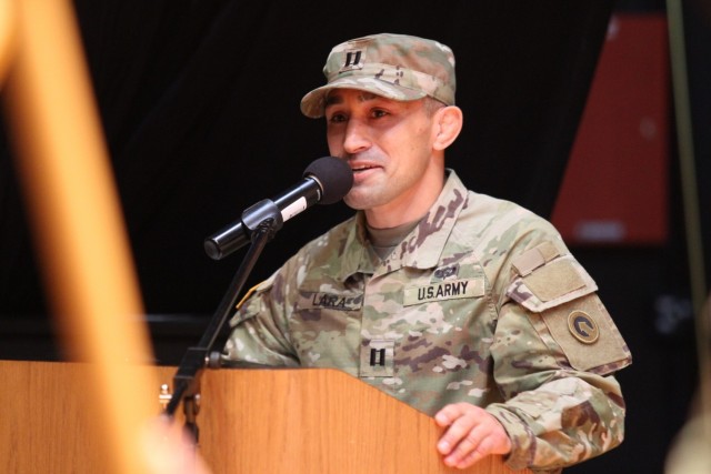 Capt. Marco Lara, incoming commander, Headquarters and Headquarters Company, Special Troops Battalion, 1st Theater Sustainment Command, delivers his remarks during the company change of command ceremony held at Waybur Theater at Fort Knox Kentucky, April 9, 2021. “When I was at the Captains career course, this was my top pick, this exact position and now I’m here.” (U.S. Army photo my Staff Sgt. Nahjier Williams, 1st TSC Public Affairs)