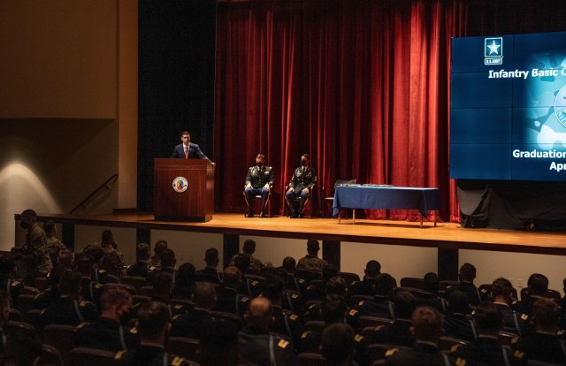 Medal of Honor recipient retired Capt. Florent “Flo” Groberg, a graduate of the Maneuver Center of Excellence Officer Candidate School and Infantry Officer Basic Course, spoke at the IBOLC graduation of Class 01-21.