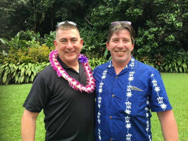 Lt. Col. John D. Atwell, U.S. Army Pacific deputy chief G33, current operations, poses for a picture with Richard McMillan two days after saving his life. Atwell led a team of bystanders that revived McMillan, who was unconscious from drowning until emergency services arrived at Electric Beach, Hawaii, on March 19, 2021. (Photo by Cynthia McMillan)