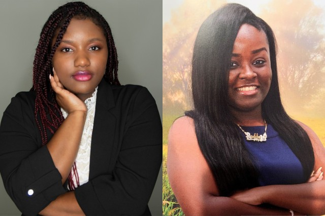 Kiah Olivia Warner, left, a computer science student at New Century Technology High School in Huntsville, and Roddeja Keyonna Moorer, a senior and computer information systems major at Alabama State University, recently completed Cyber Force...