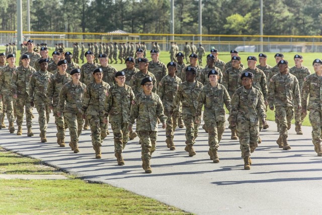 Soldiers with 1st Battalion, 61st Infantry Regiment  participate in a Basic Combat Training graduation ceremony April 2 at Fort Jackson's Hilton Field. The installation canceled in-person graduation activities in March 2020, but is resuming limited in-person graduations April 22 as part of a pilot program allowing a limited number of Family members to attend. (Photo by Tori Evans)