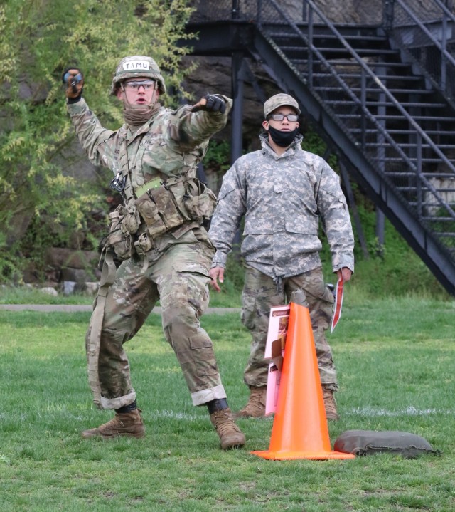 Cadets compete on the hand grenade lane during the Sandhurst 2021 Military Skills Competition. The Sandhurst competition, which included teams from West Point, other services and ROTC programs, took place April 16-17 at West Point. (Photo by Michael Maddox, Cadet Command Public Affairs)