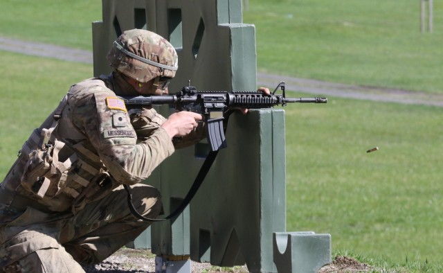 Cadets compete on the M-4 range during the Sandhurst 2021 Military Skills Competition. The Sandhurst competition, which included teams from West Point, other services and ROTC programs, took place April 16-17 at West Point. (Photo by Michael Maddox, Cadet Command Public Affairs)