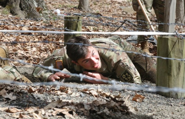Cadets negotiate obstacles during the Sandhurst 2021 Military Skills Competition. The Sandhurst competition, which included teams from West Point, other services and ROTC programs, took place April 16-17 at West Point. (Photo by Michael Maddox, Cadet Command Public Affairs)