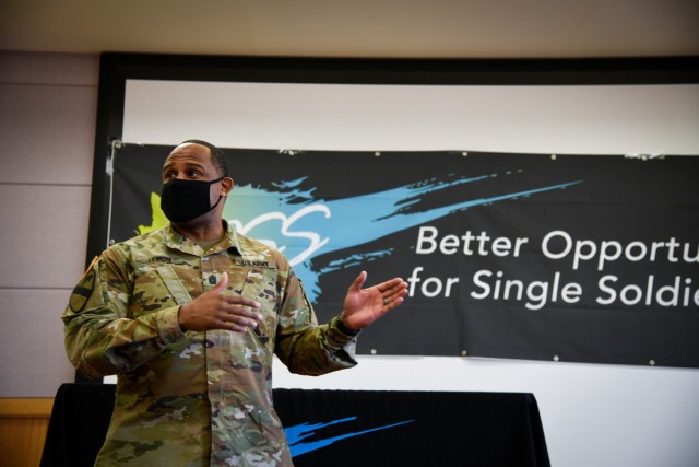 CAMP HUMPHREYS, Republic of Korea - Command Sgt. Maj. Benjamin C. Lemon Jr., the senior enlisted advisor for United States Army Garrison Humphreys, discusses to an audience of Better Opportunity for Single Soldiers (BOSS) representatives and...