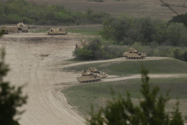 The Command Sergeant Major of US Army Forces Command, Command Sgt. Maj. Todd Sims, visited the Troopers of 4th Squadron, 9th Cavalry Regiment, 2nd Armored Brigade Combat Team, during their Bradley Gunnery Table VI field exercise, at Fort Hood,...